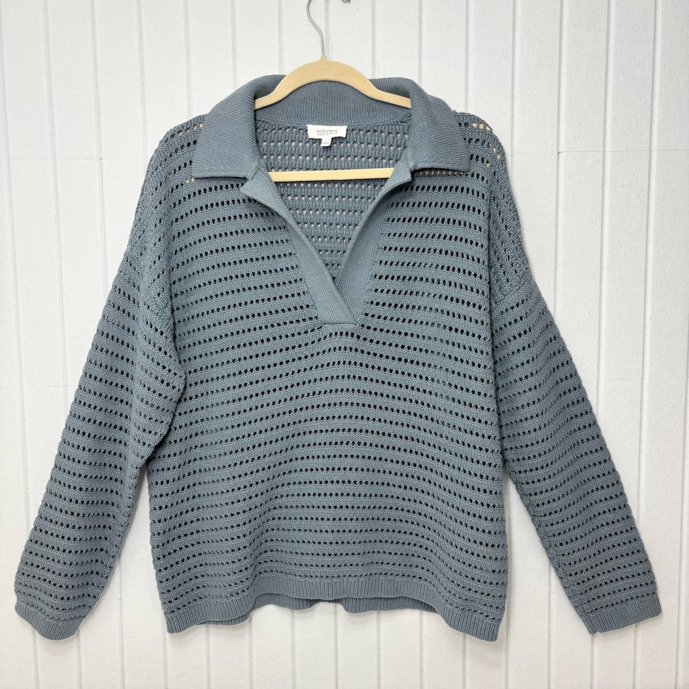 HAVEN WELL WITHIN Stylish Open Stitch Polo V-Neck Cotton Sweater in Blue Size‎ L